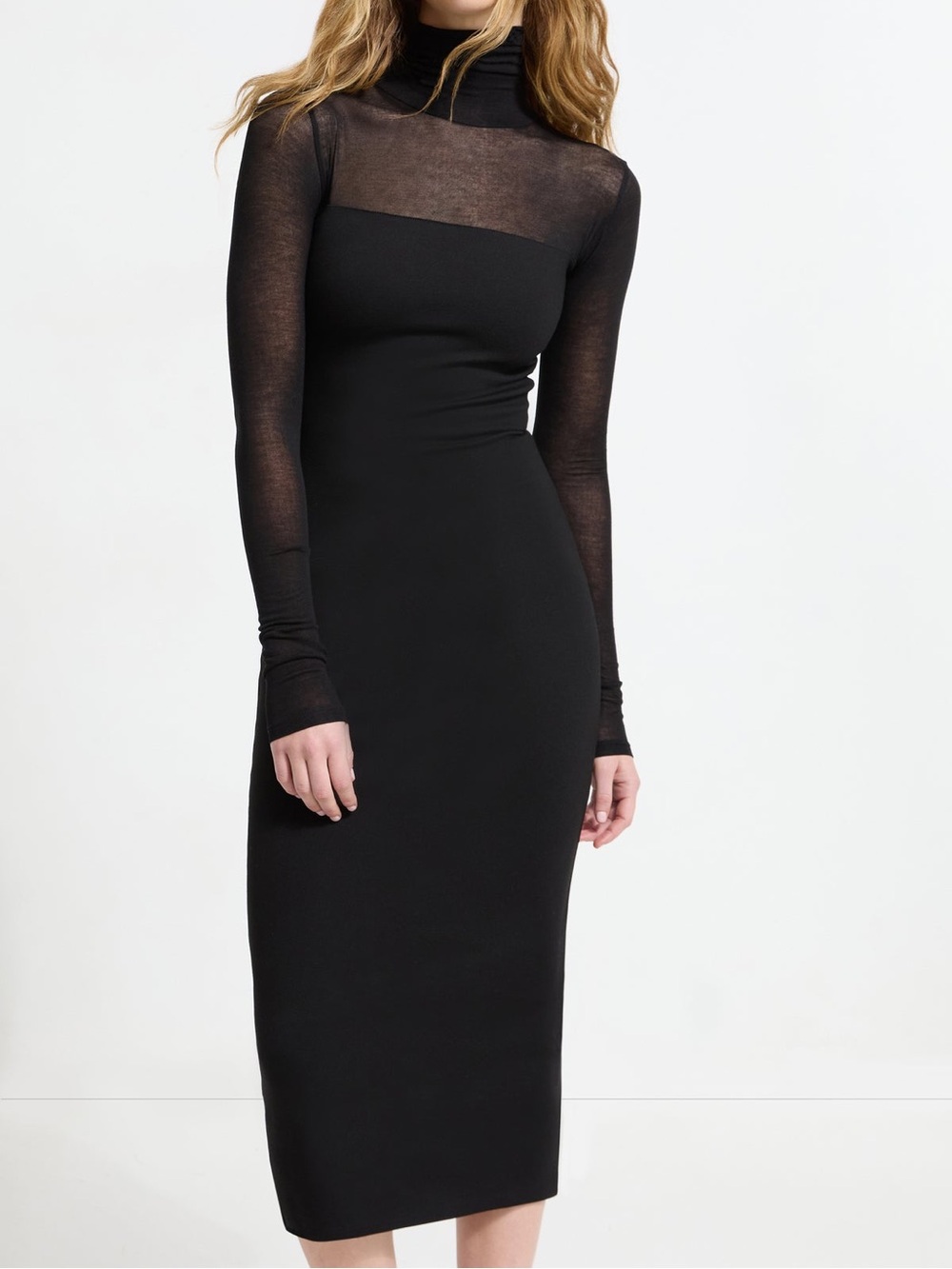 Marcella Marina Black Ponte Sheer Sleeve Turtleneck Midi Dress S - Picture 6 of 8
